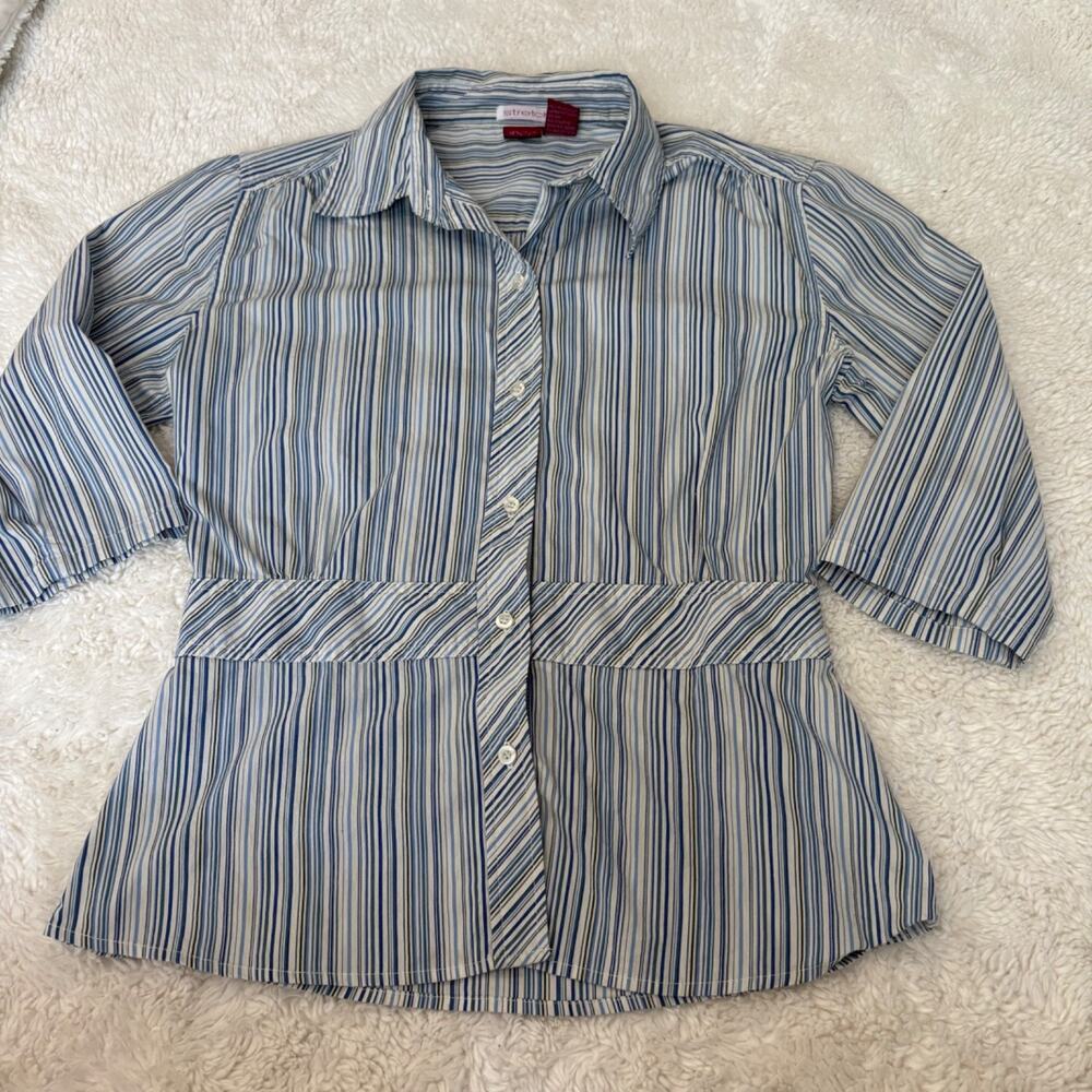 Y2K 90s Womens Blue/White Strip Button Down Sz L Cotton Retro Resort Tomato Girl